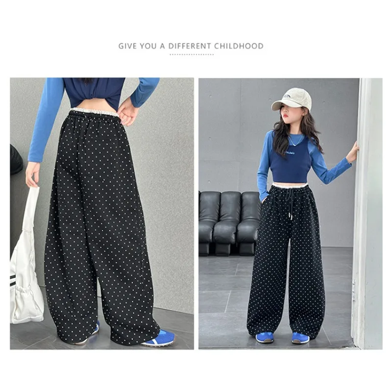 UNITIM Junior-Hosen für Mädchen, Herbst, gepunktet, für junge Teenager, Mädchen, weites Bein, 4–14 Jahre, Kinder, Mädchen, elastische Taille, Freizeithose – Detail 6