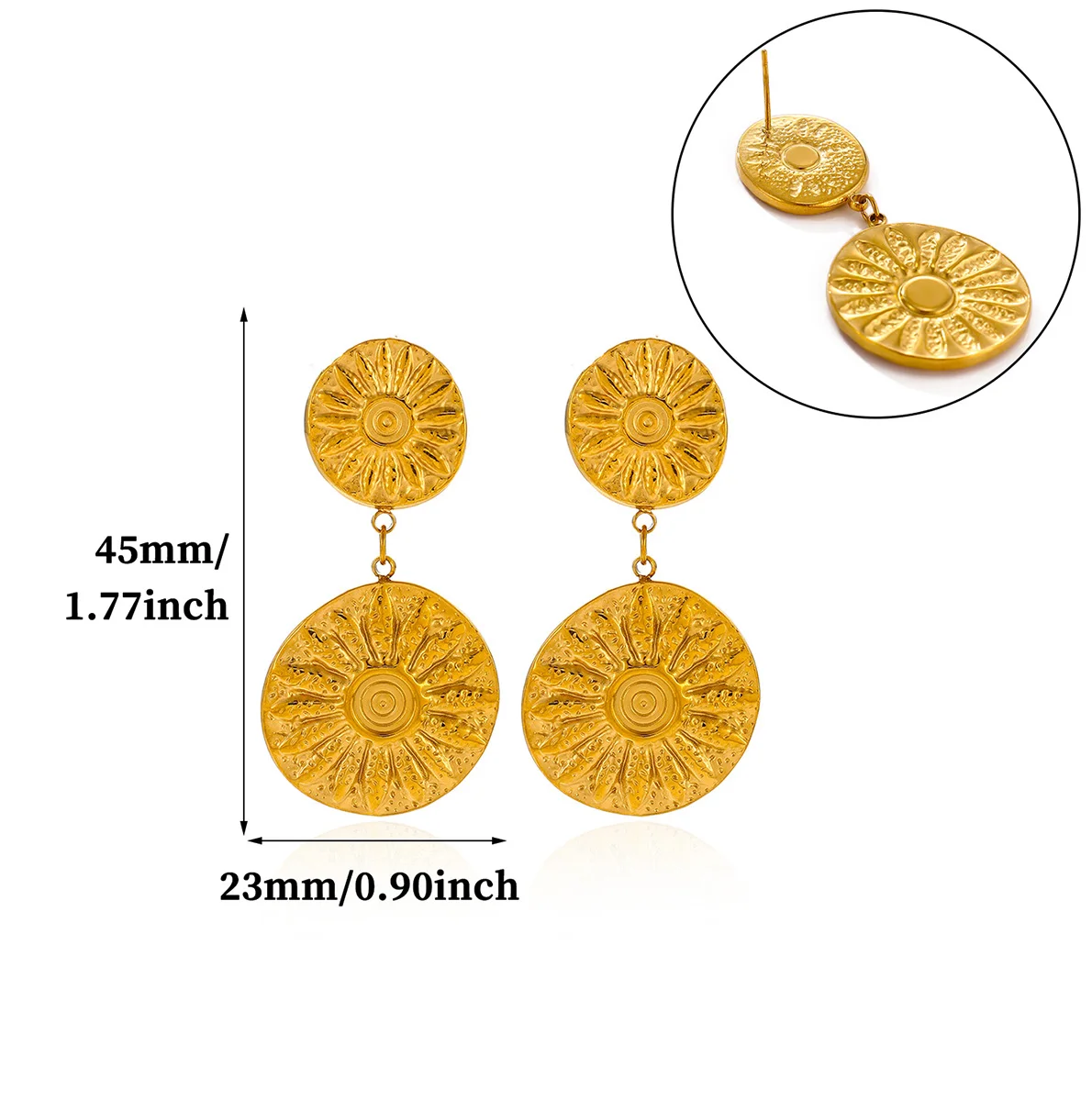 Retro Round Vortex Drop Earring for Women Stainless Steel Gold Color Sun Flower Earrings Bohemian Jewelry Gift