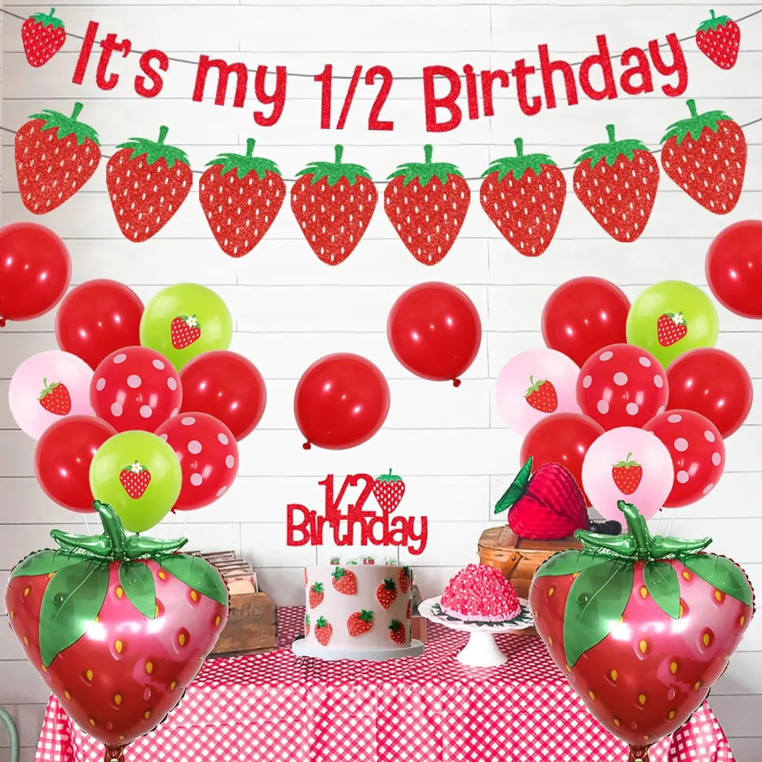 

Strawberry Balloons for Fruit Party, Birthday Banner, Garland Cake Topper, Decoration for Girls, It's My 1, 2