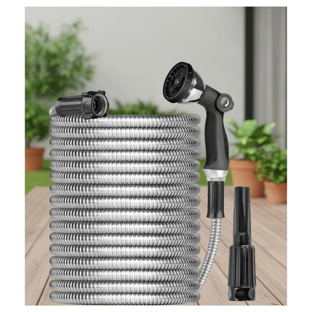 

100ft Stainless Steel Garden Hose Heavy Duty Flexible No Kink Pet Proof with Sprayer Nozzle for Yard Outdoors RV
