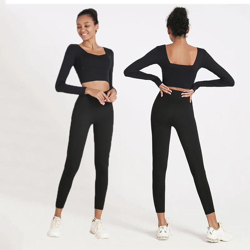 Hot Selling 2Pc Vrouwen Sport Kleding Lange Mouw Yoga Top En Leggings Sport Set