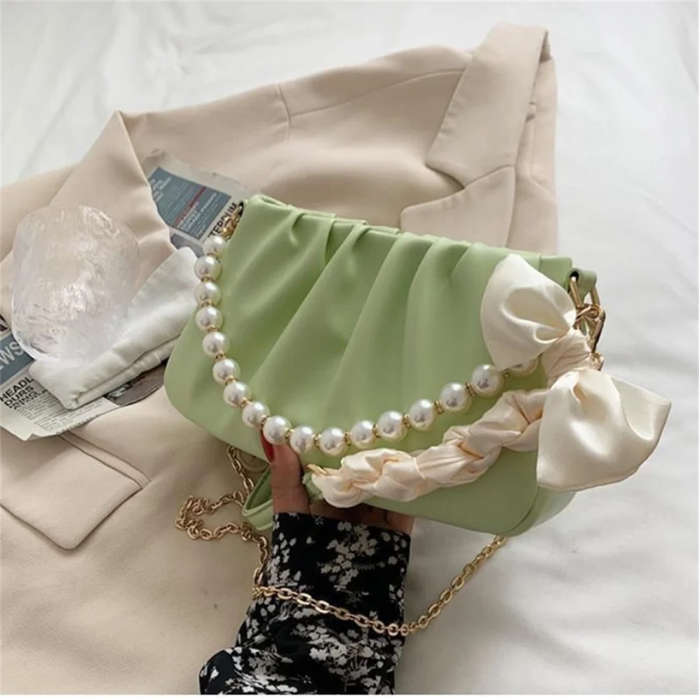 Bolsos plisados de PU con perlas y nubes para mujer, bolsos de hombro para compras, bolsos de mano femeninos, bolsos cruzados