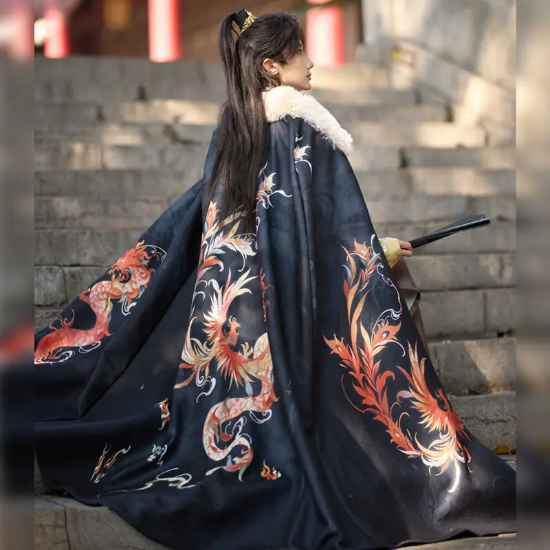 

New Dragon Year Hanfu Long Thiened Fce Lined Warm Coat with Fur Collar for Men And Women Couple Winter eeting