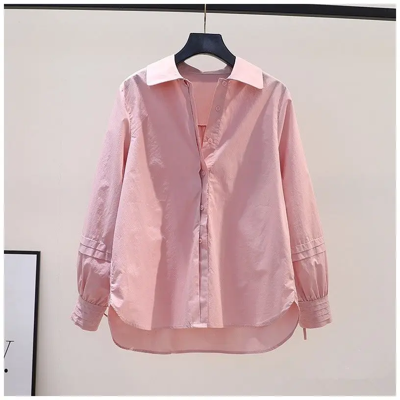 Design Pleated Lace up Long Sleeve Pink Cotton Shirt Women Spring Summer Korean Loose Solid Blouse Chic Elegant Casual Pink Top