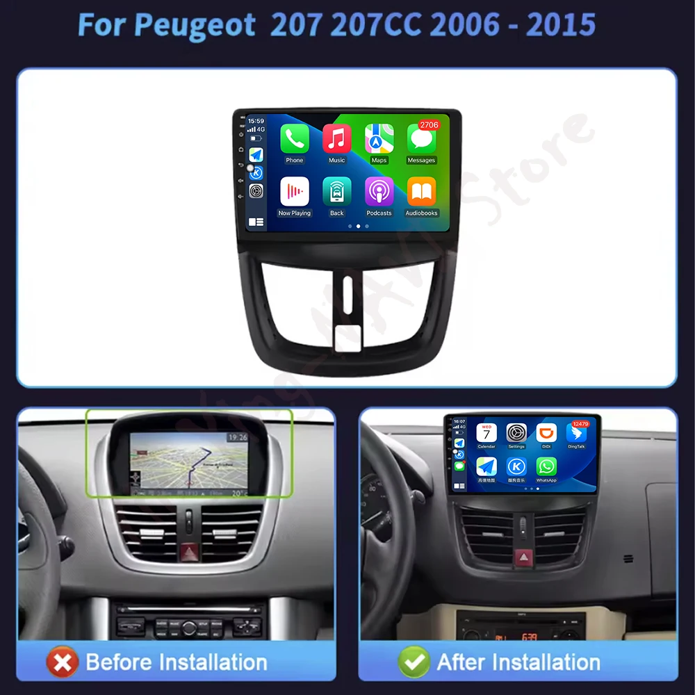 4G لبيجو 207 2006-2015 سيارة مشغل وسائط متعددة أندرويد 16 Carplay شاشة راديو ستيريو لتحديد المواقع نافي DSP
