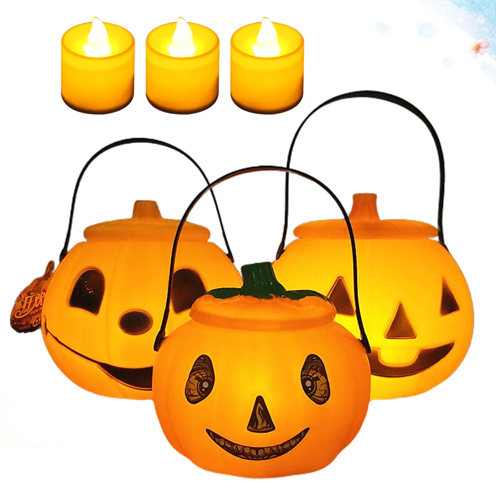 

6pcs Halloween Themed Design Pumpkin Night Light Halloween Decor Lamp Bucket with Lid Halloween Supplies (Sticky Eyes Light Buck