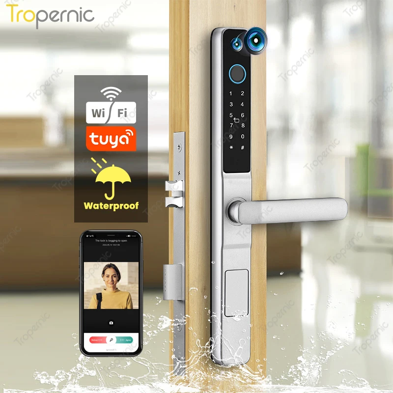 Camera Waterproof Tuya WiFi Biometric Fingerprint Door Locks Electronic Smart door lock RFID Card Code Aluminum Glass Door