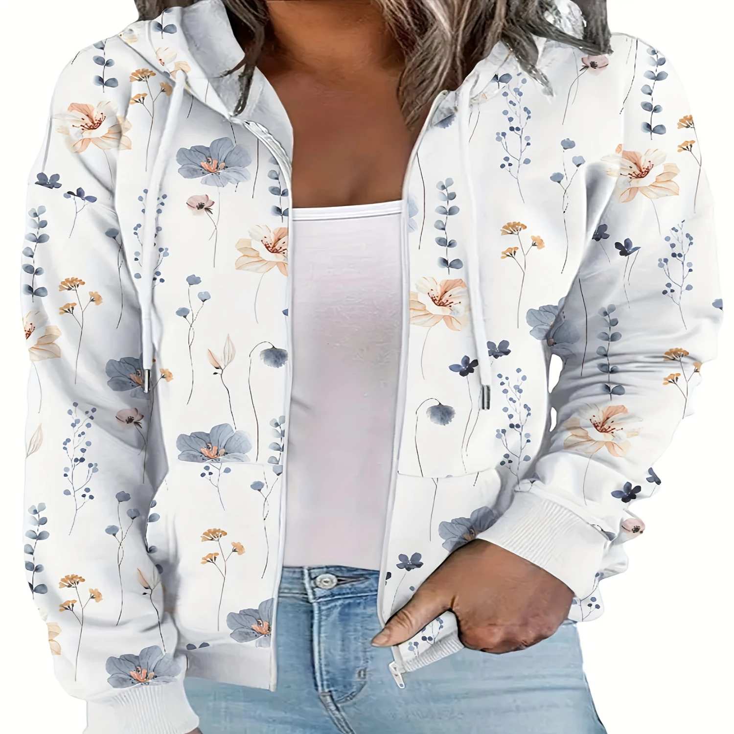 Floral Print Zip Up Drawstring Hoodie, Casual Long Sleeve Pocket Sweatshirt, Women's Clothing