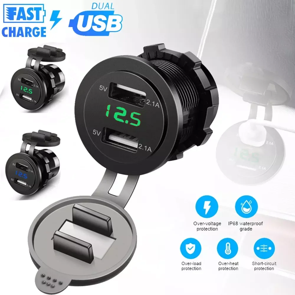

4.2A/5V Dual USB Car Charger Socket Waterproof Fast Charge Adapter Power Outlet With Voltmeter For Car Marine Motorcycle