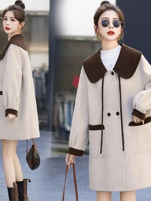 

Женское шерстяное пальто в клетку, новинка 2025, зимнее Thiened кукольный воротник, модная верхняя одежда средней длины, корейская свободная посадка