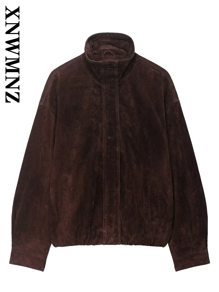 

XNWMNZ 2025 осенняя новая женская повседневная простая верхняя одежда с длинным рукавом и воротником-стойкой, винтажная женская коричневая модная куртка на молнии