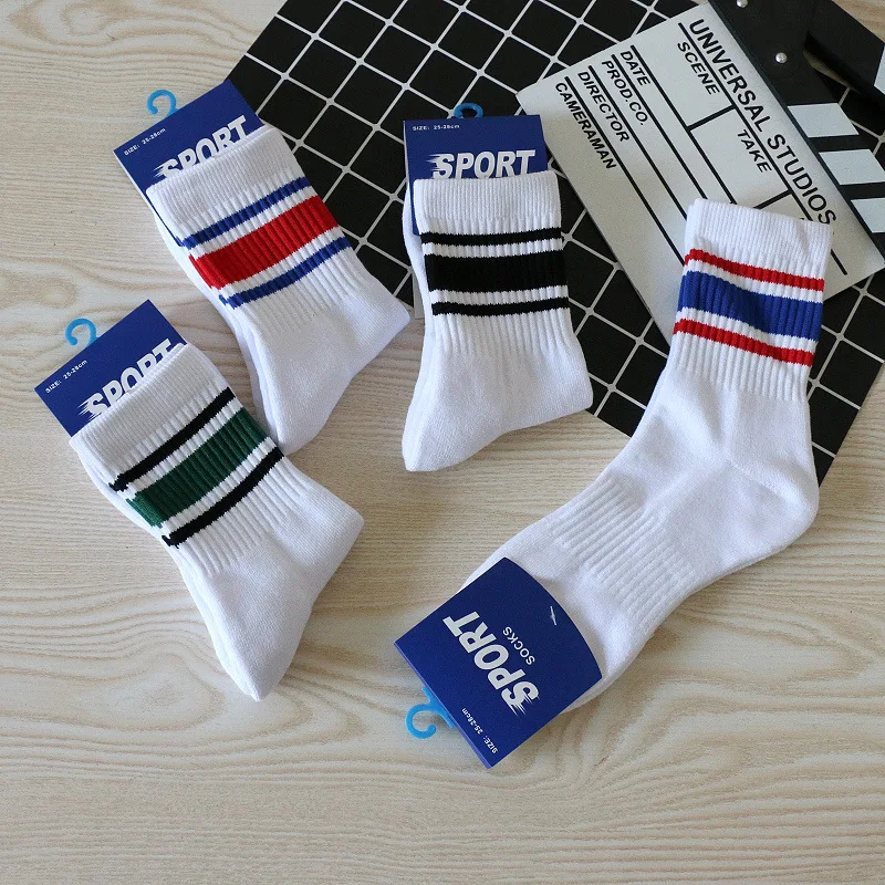 Thick Towel Base Solid-colored Striped Cotton White Socks Mid-calf Style Trendy for Sports Badminton Outdoor Running Student Use
