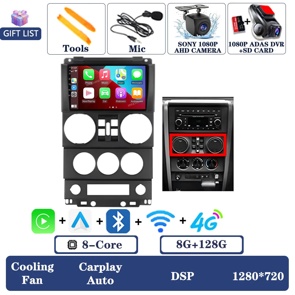 Android 16 autoradio voor Jeep Wrangler 3 JK 2008 - 2010 QLED multimediasysteem videospeler 2DIN Qualcomm 4G LTE 5G WIFI BT GPS