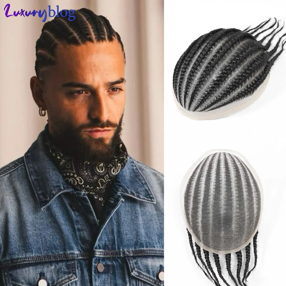 

Мужской парик-накладка с косами корнроу, 100% натуральные волосы, дышащий, на полной сетке, система замещения волос для мужчин, мужской протез для волос