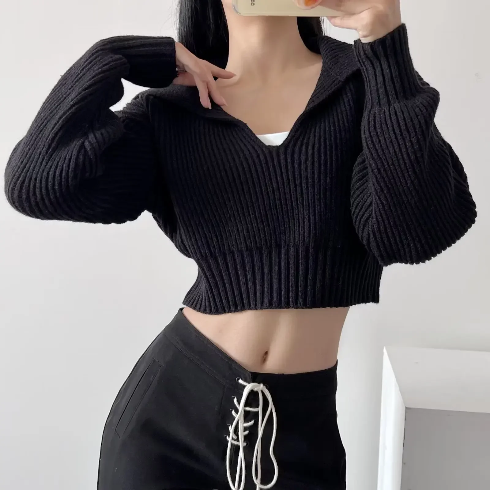 Women Turn Down Collar Sweaters Spliced Casual Pullovers Thick Loose Solid Full Sleeve Short Jumpers Elegant Lady Knit