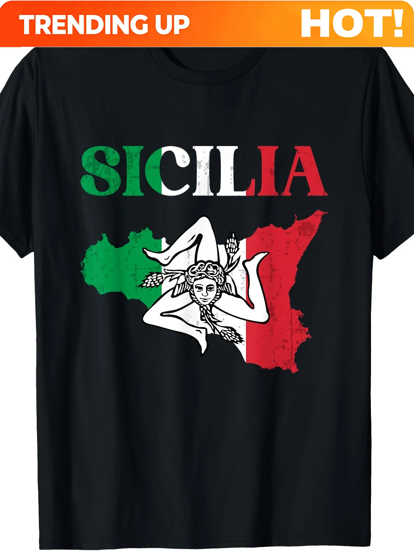 Men'S Sicily Trinacria Map Graphic T-Shirt - Black Crew Neck Tee Featuring a Bright Red And Green Design, Made from Breathable,