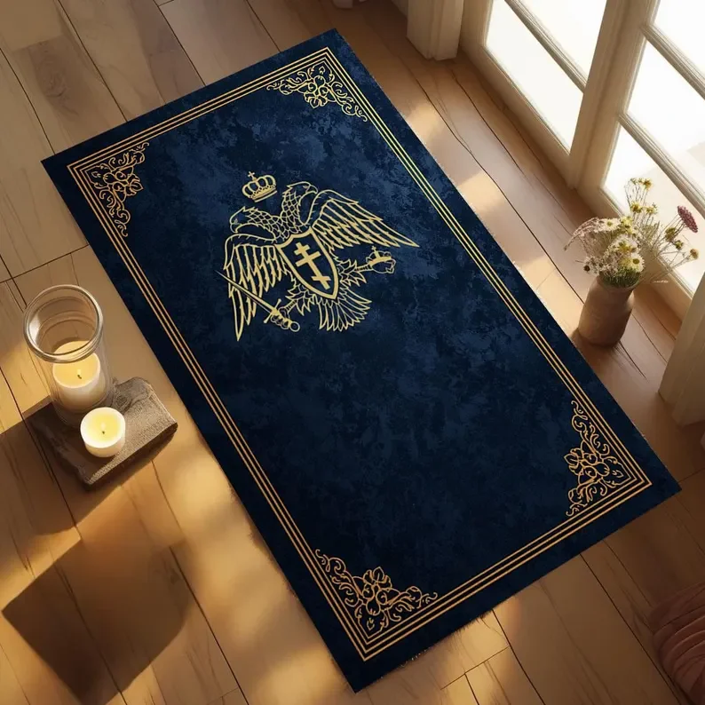 Gothic Black Orthodox Cross Rug Traditional Luxury Border Pattern Living Room Carpet Christian Theme Floor Mat