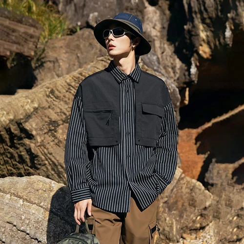 Camisas de carga de manga larga informales holgadas a rayas con empalme para exteriores para hombre, ropa de calle para mujer, camisas Techwear de gran tamaño a la moda, blusas