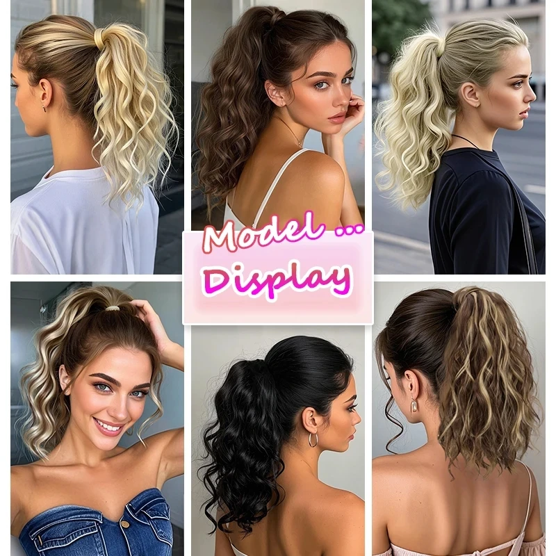 Synthetische Klaue Clip-in-Pferdeschwanz-Erweiterungen, 35,6 cm, lockiges, gewelltes, flauschiges Pferdeschwanz-Haarteil, Haar-Accessoires für Frauen und Mädchen – Detail 5