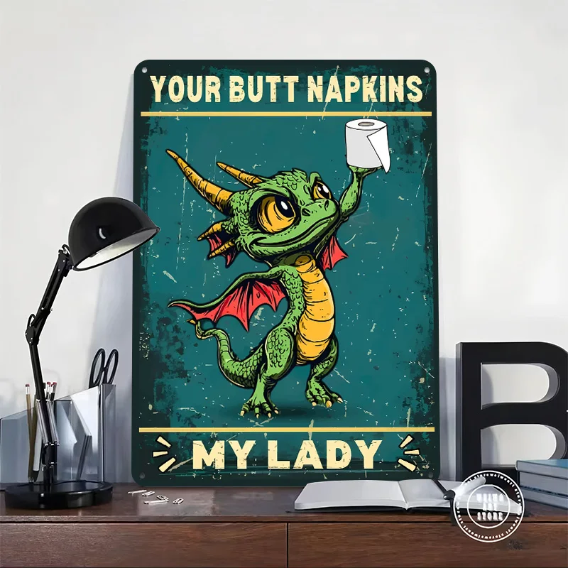 Dragon With Toilet Paper Funny Personalized 3D Textured Metal Poster Wall Art Vintage Tin Signs for Wand Deko Decor Room Home