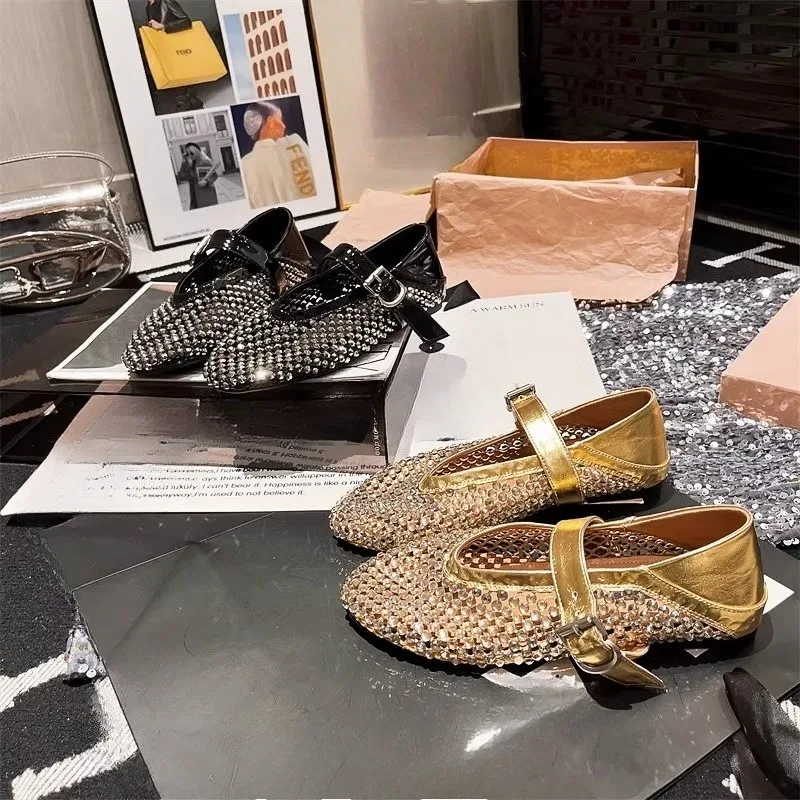 

Summer Rhinestone Full Diamond Fishing Net Hollowed Out Women's One Word Baotou Flat Single Shoes Round Toe Sandals for Women