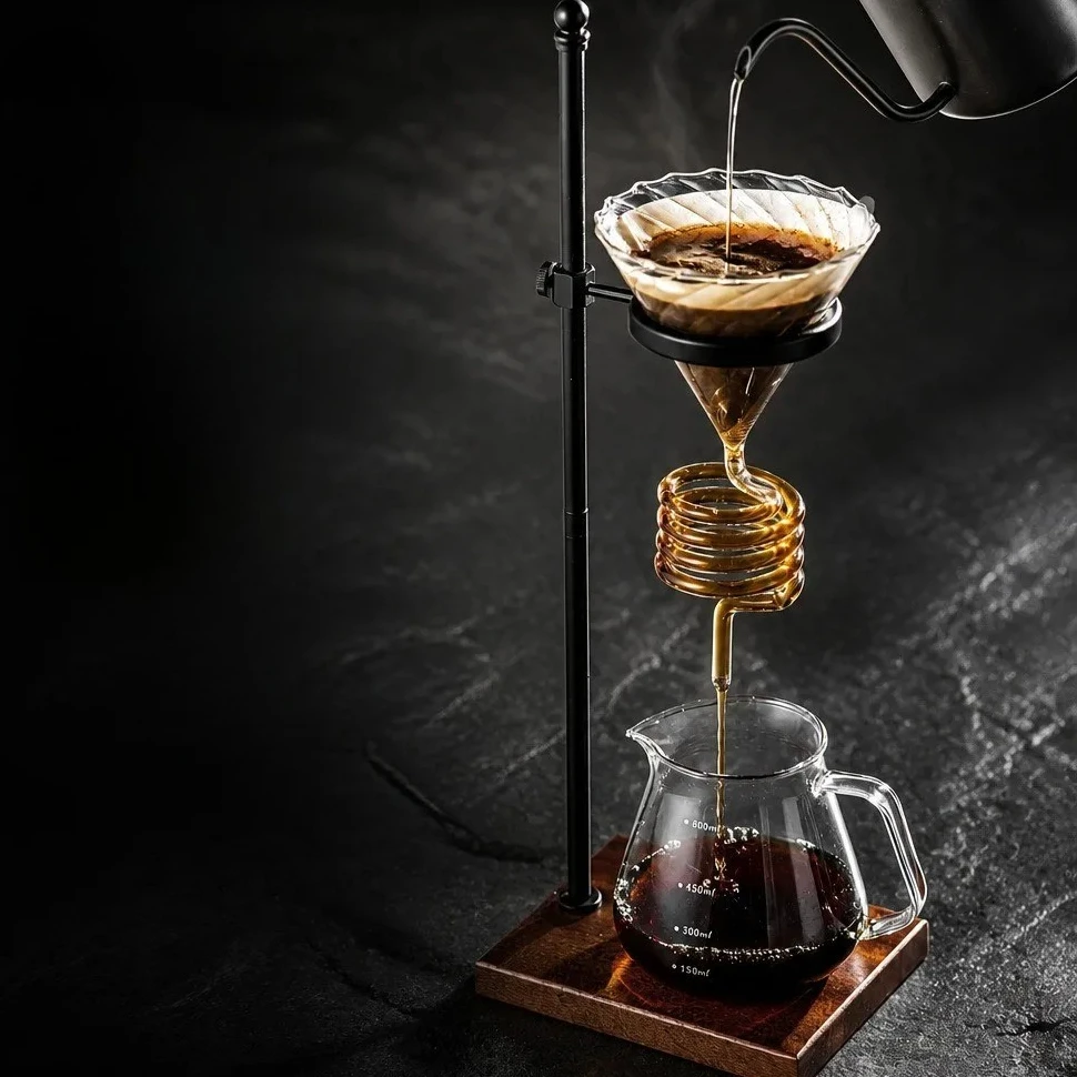 Wood Base Metal Snake Spiral Cooling Coffee Hand Brew Stand Retro Filter Cup Rack for Cafe Home Coffee Bar Decor