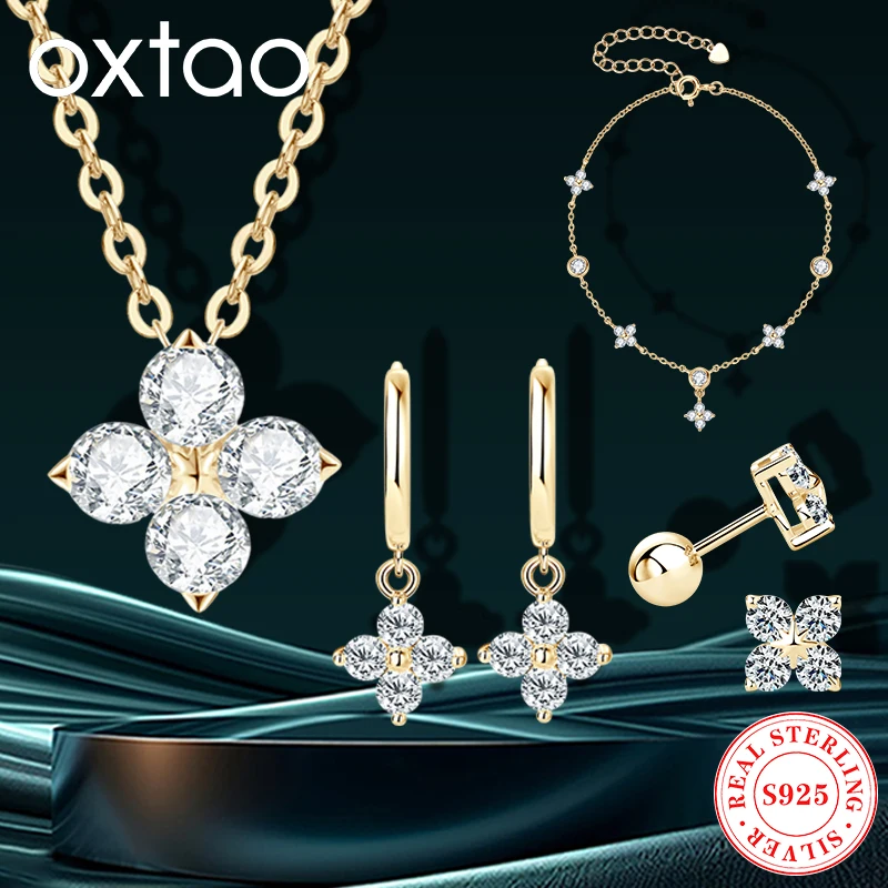 

OXTAO Women's Four Leaf Clover Jewelry Moissanite Pendant Necklace&Earrings&Bracelet Original 925 Silver Wedding Jewelry Making