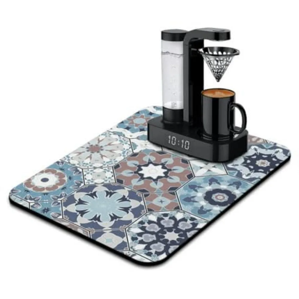Kitchen Dish Mat Geometric Starburst Mandala Theme Layered Dotted Rings Splash Guard Non Slip Salon Pad for Bar Table