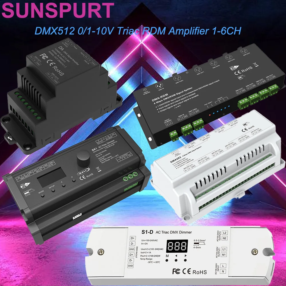 DL 0-10V S1-D 2CH Triac DMX LED Dimmer AC100-240V 288W, Dual Channel Amplifier DA DMA6-RDM DMX512 LED Controller Digital Display