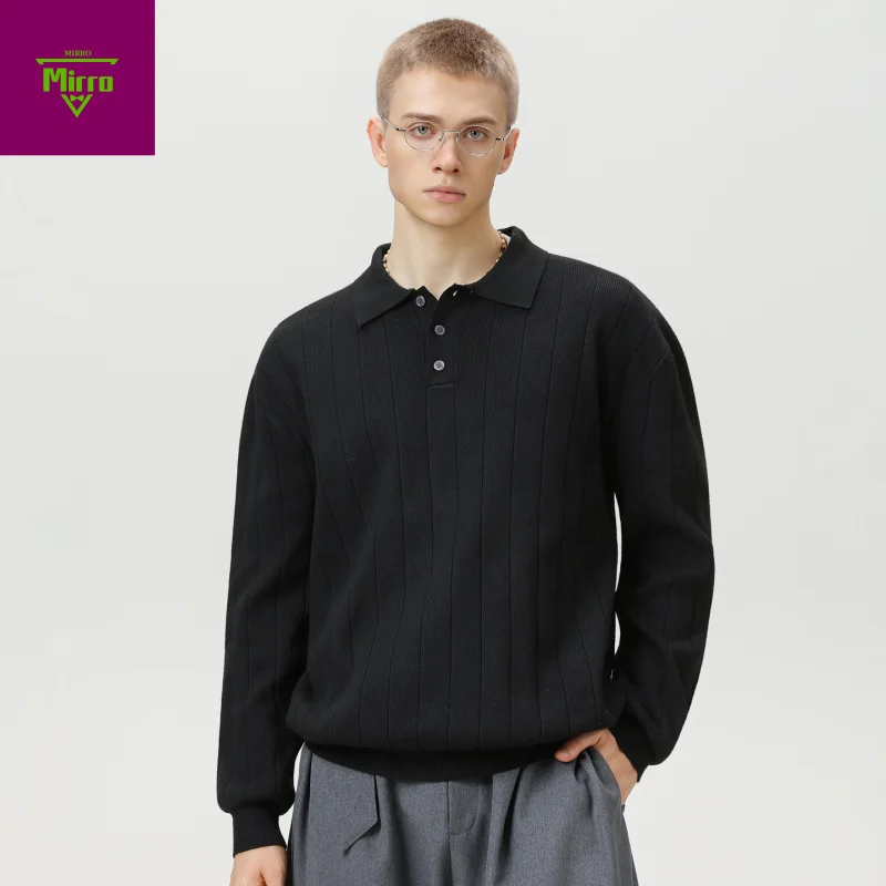 

【Mirrordust】Men's Autumn Winter Solid Color polo Collared Knit Sweater American Street Style Textured Turn-Down Collar Sweater