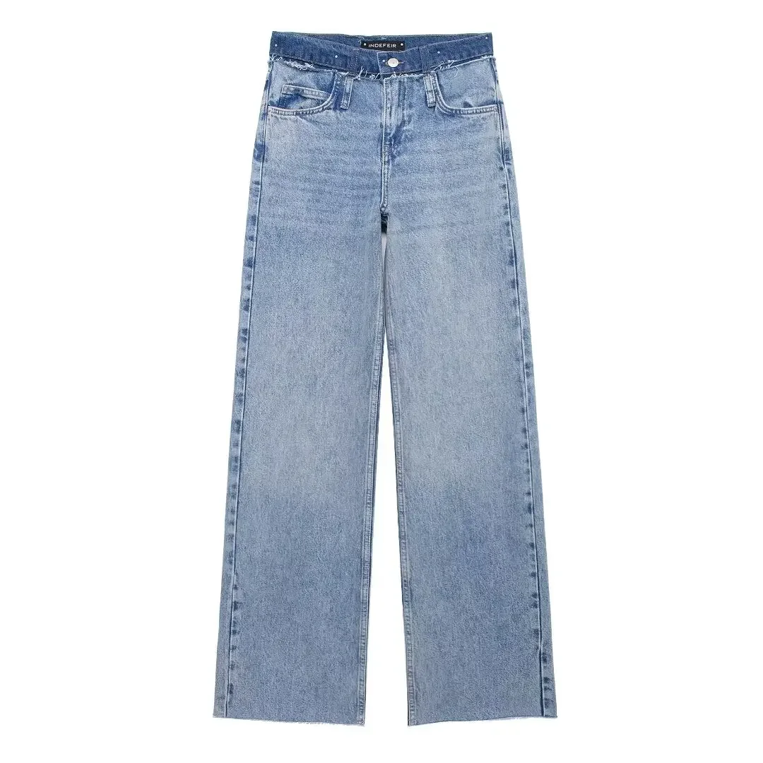 Jean droit taille haute chic pour femme, pantalon en denim femme, double taille, rétro, fermeture éclair, poche à mouche, mode, 2024