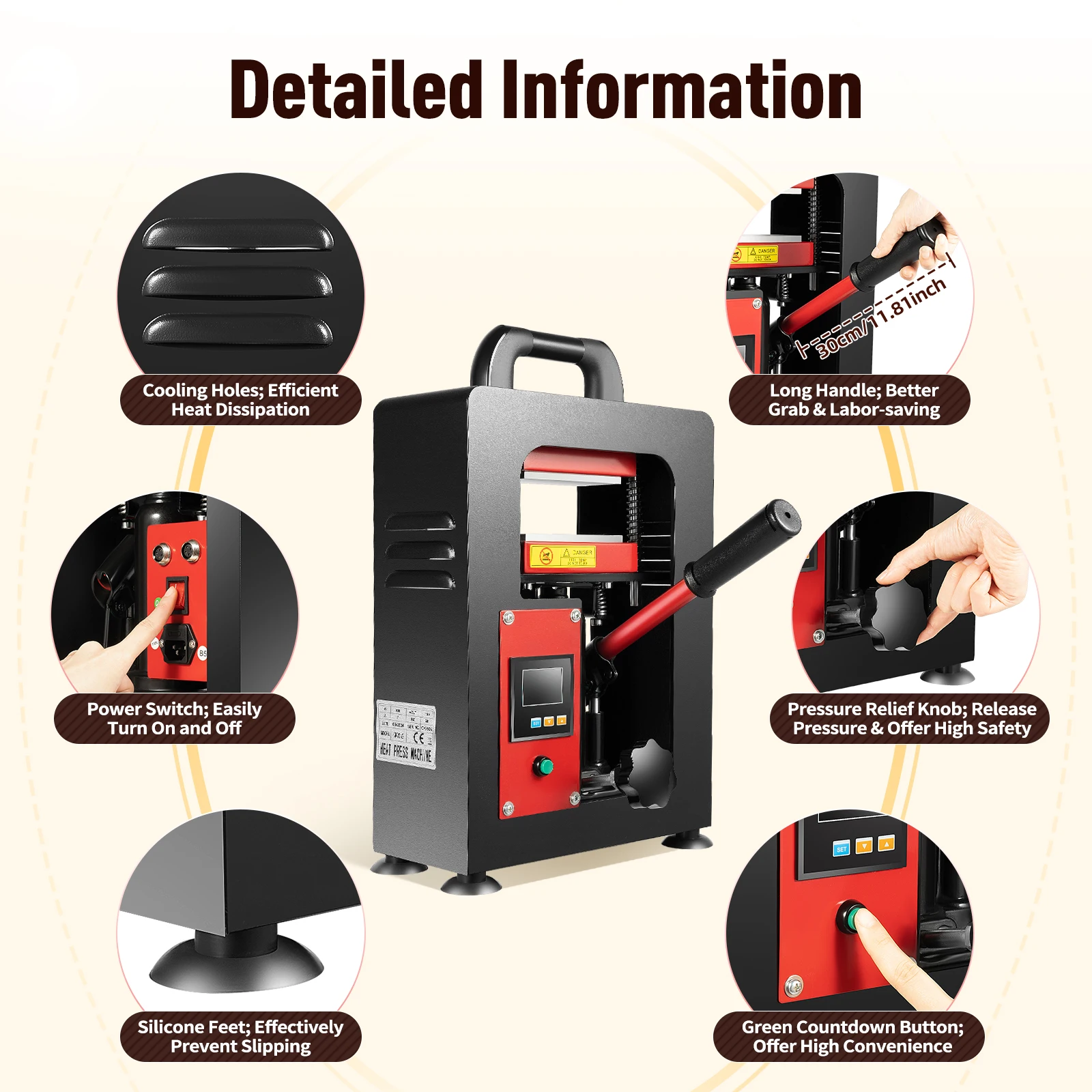 مكبس الصنوبري الهيدروليكي اليدوي 900 واط مع شاشة LCD آلة الضغط الحراري الهيدروليكي لوحات مزدوجة آلة التدفئة لـ 0.39-0.78 بوصة #5