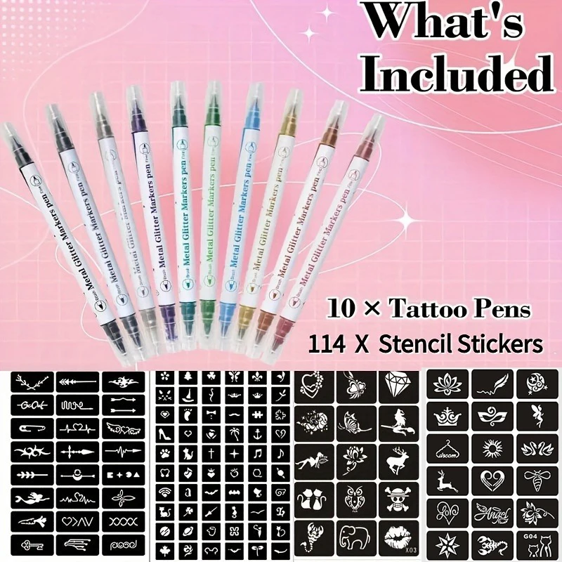 Temporary Tattoo Pen with Tattoo Templates Set,Body and Facial Coloring Tattoo Marker for Temporary Body Art