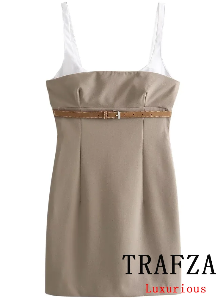 TRAFZA-Vestido corto recto de tirantes para mujer, minivestido Vintage sin mangas con cinturón y Espalda descubierta, Moda de Primavera 2024