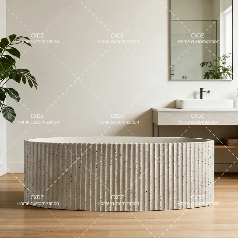 French Style Artificial Stone Bathtub Oval Double Soaking Tub for Hotel Home Natural Travertine Texture Granular Finish