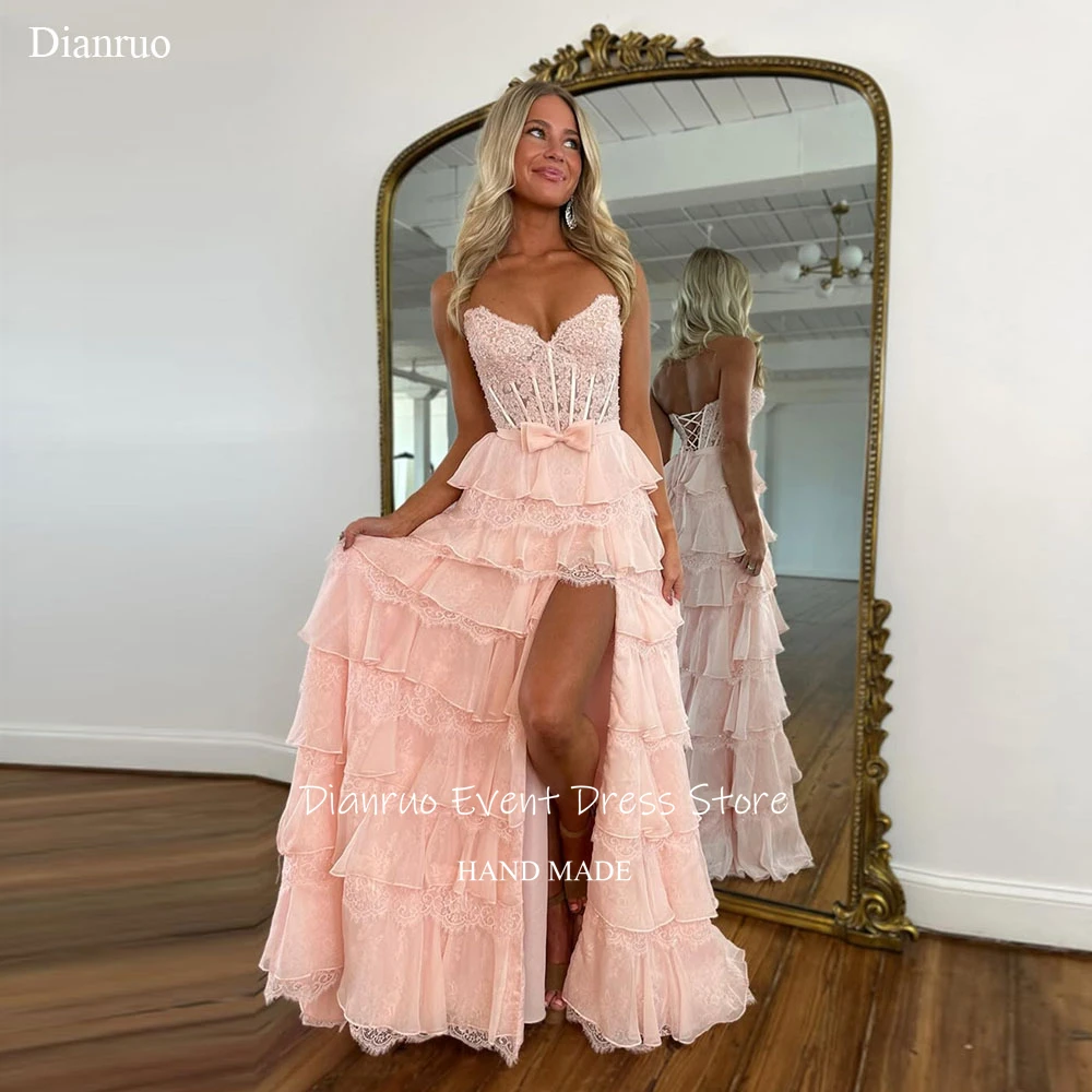فساتين سهرة مكشكشة باللون الوردي من Dianruo أنيقة على شكل قلب رداء رسمي للسهرة أنيقة بفتحة عالية فيستدوس دي نويت مخصصة #1