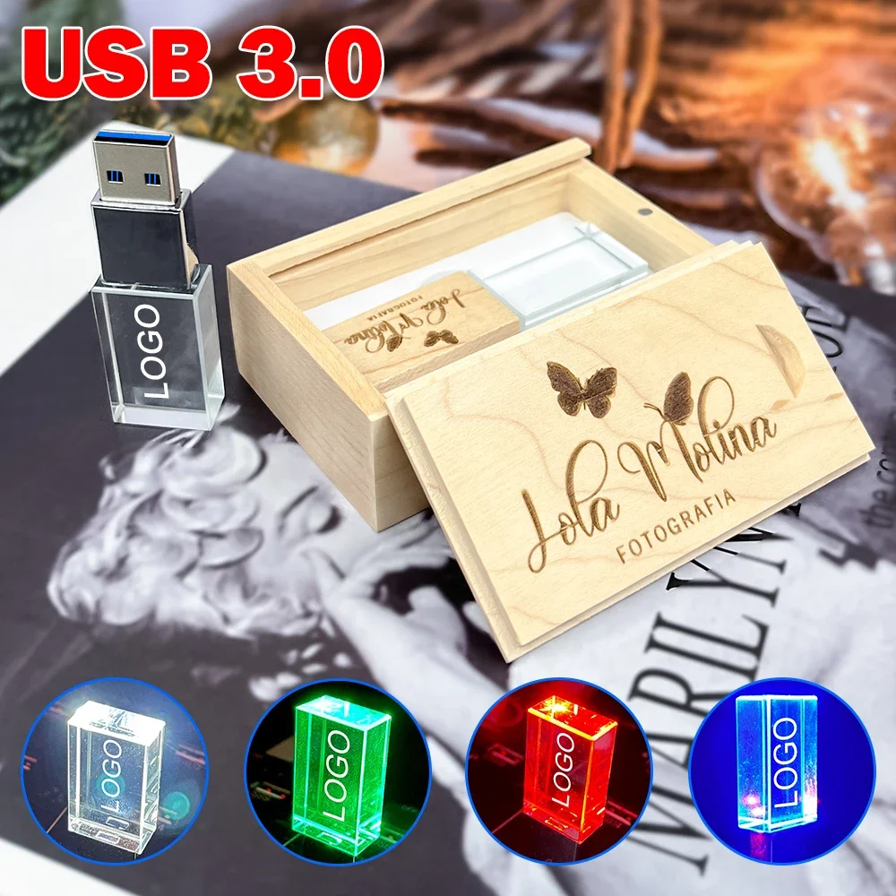 Crystal with Box USB Flash Drive 3.0 128GB LED Light Pen Drive 64GB Free Custom Logo Memory Stick 32GB Hot Sale U Disk 8GB 16GB