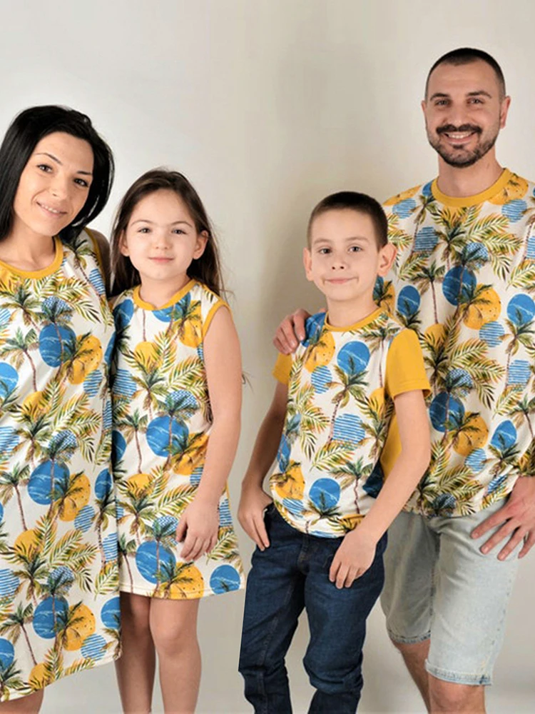 Family Holiday Party Set Hawaii Parent-child Wear European and American T-shirt Dress 7-12y