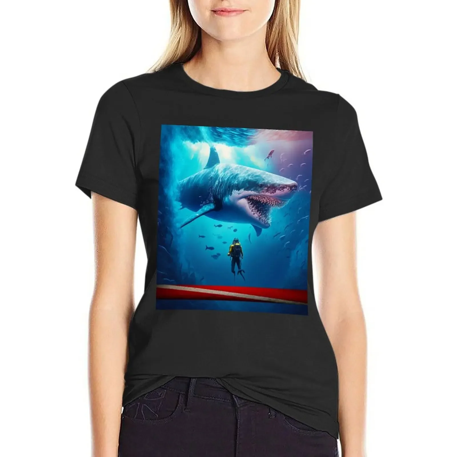 

great shark and diver T-Shirt lady clothes summer top aesthetic clothes funny t shirts for Women