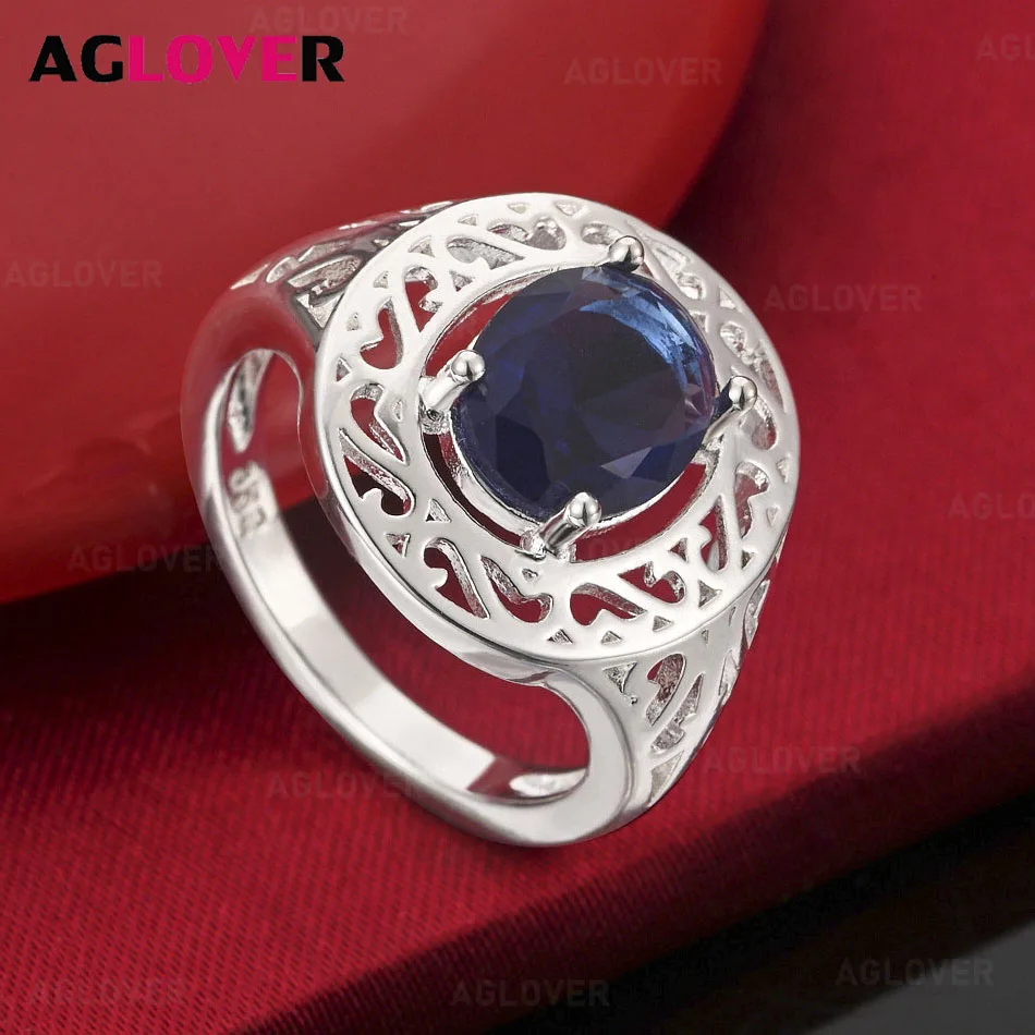 

AGLOVER 925 Sterling Silver Blue Zircon Round Hollow Ring Women's Exquisite Cute Wedding Engagement Party Jewelry