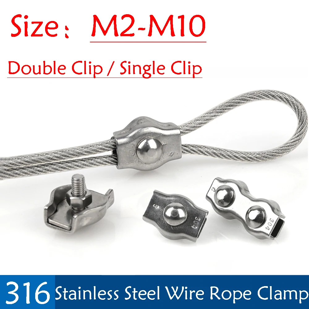 

1-10Pcs M2-M10 316 Stainless Steel Wire Rope Clamp Single/Double Clip Chuck Lock Cable Clamp Fastener Cable Rope Fixing Clip