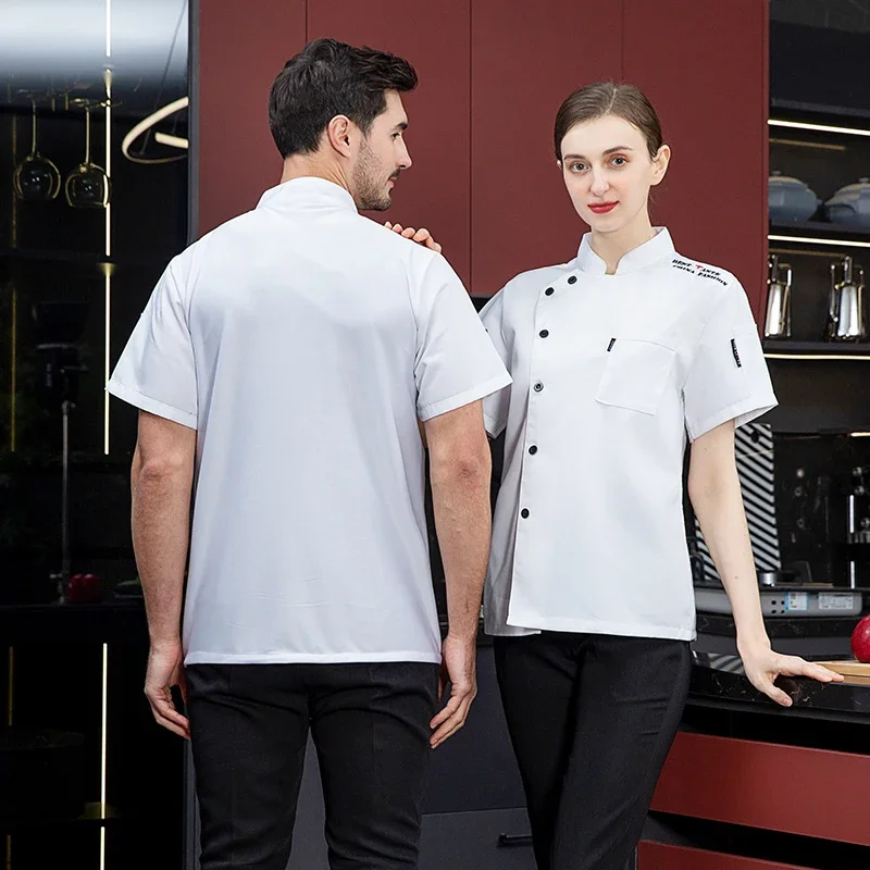 Veste de chef de restaurant blanche unisexe, veste de chef à manches courtes, vêtements de cuisine pour hommes et femmes, uniforme de salle de Chamonix, tablier et chapeau