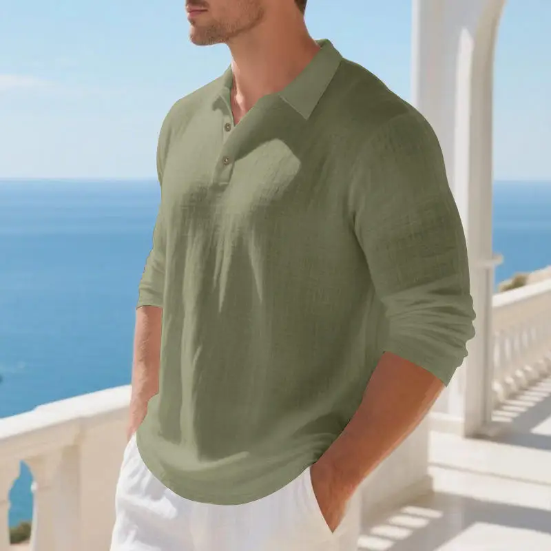 Casual Business Men's Long Sleeve Polo Shirt Pure Color Lapel American Style Casual Loose Polo Tops Cross-border Male Garment