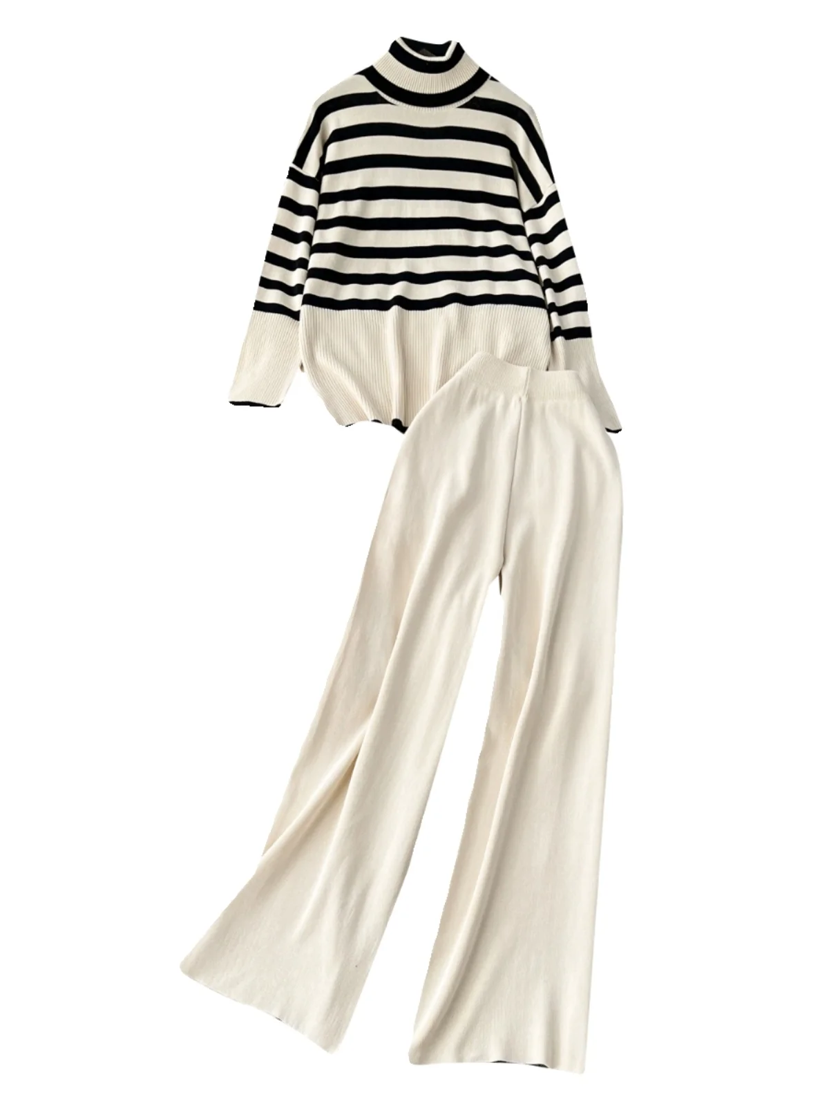 Conjunto de duas peças de moda de inverno descontraído de malha com gola alta trada calças largas combinando estilo retrô ...