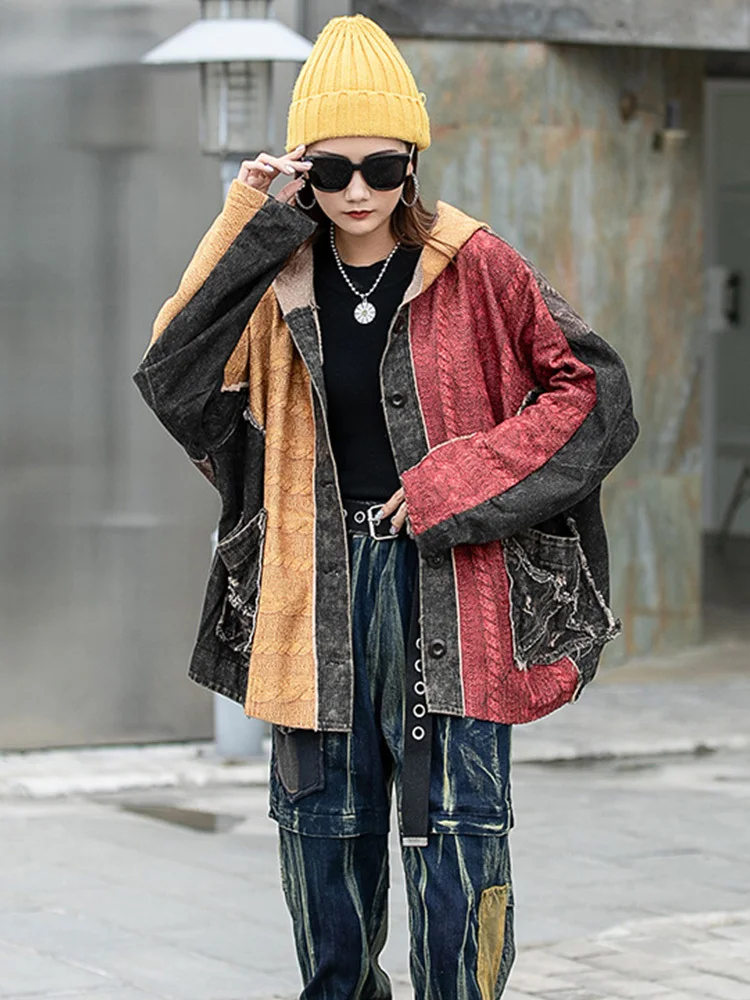 Max LuLu 2023 Fashion Streetwear Womens Fall Loose Knitted Denim Hooded Jackets Ladies Vintage Casual Punk Oversized Warm Coats