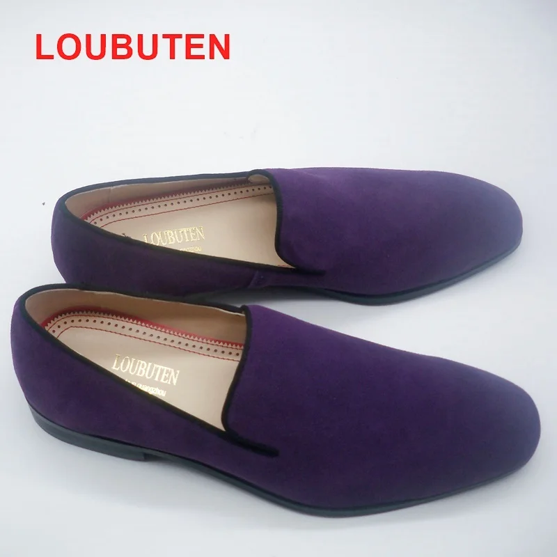 LOUBUTEN Fashion Dark Purple Suede Loafers Men Casual Shoes Slip On Leather Men ShoesHandmade Red Bottoms Dress Shoes