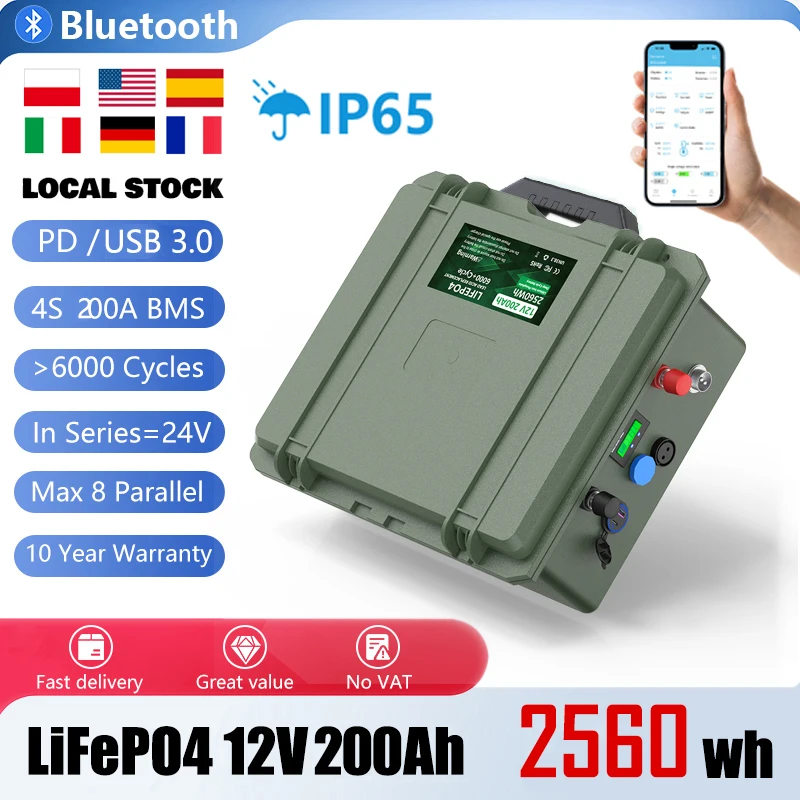 

12V 200Ah LiFePO4 Battery 2.5KW 24V 100Ah Bluetooth BMS 12.8V /25.6V Solar Lithium Battery 6000+ Cycles PD USB 3.0-IP56 No Tax