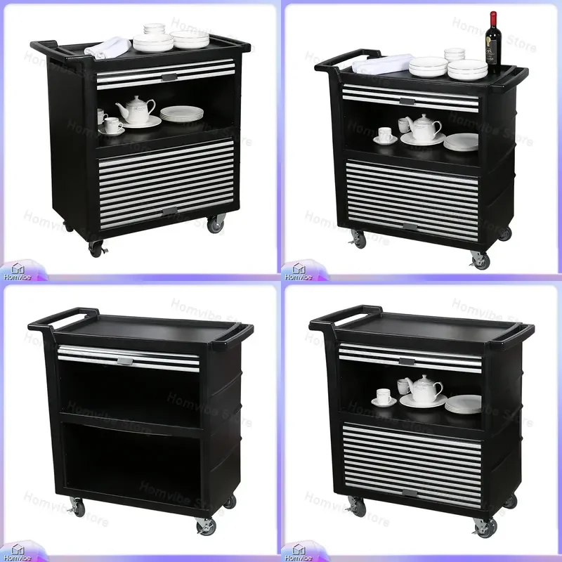 Rolling Kitchen Cart 3 Tier Storage Trolley with Shutter Door Mobile Food Service Bar for Restaurant Hotel Bowl Collection