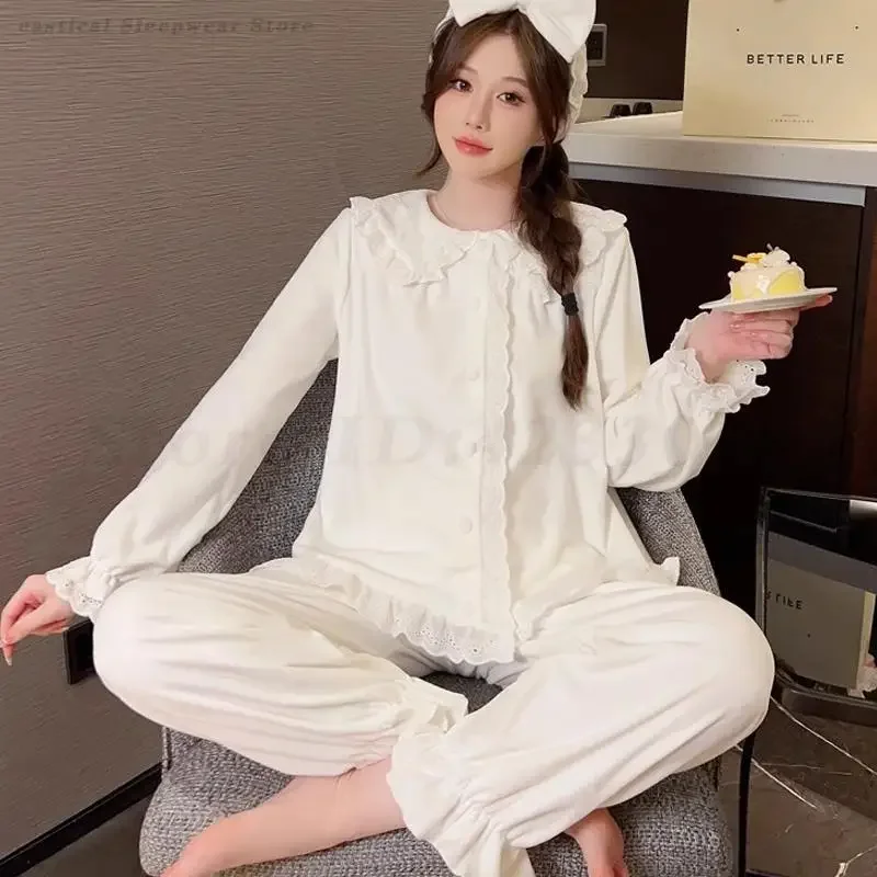 

Sweet Princess Style Lace Sweet Pijamas Suit Autumn Winter Women's Lounge Wear Pajamas Set Loose Casual Sleepwear Home Clothes