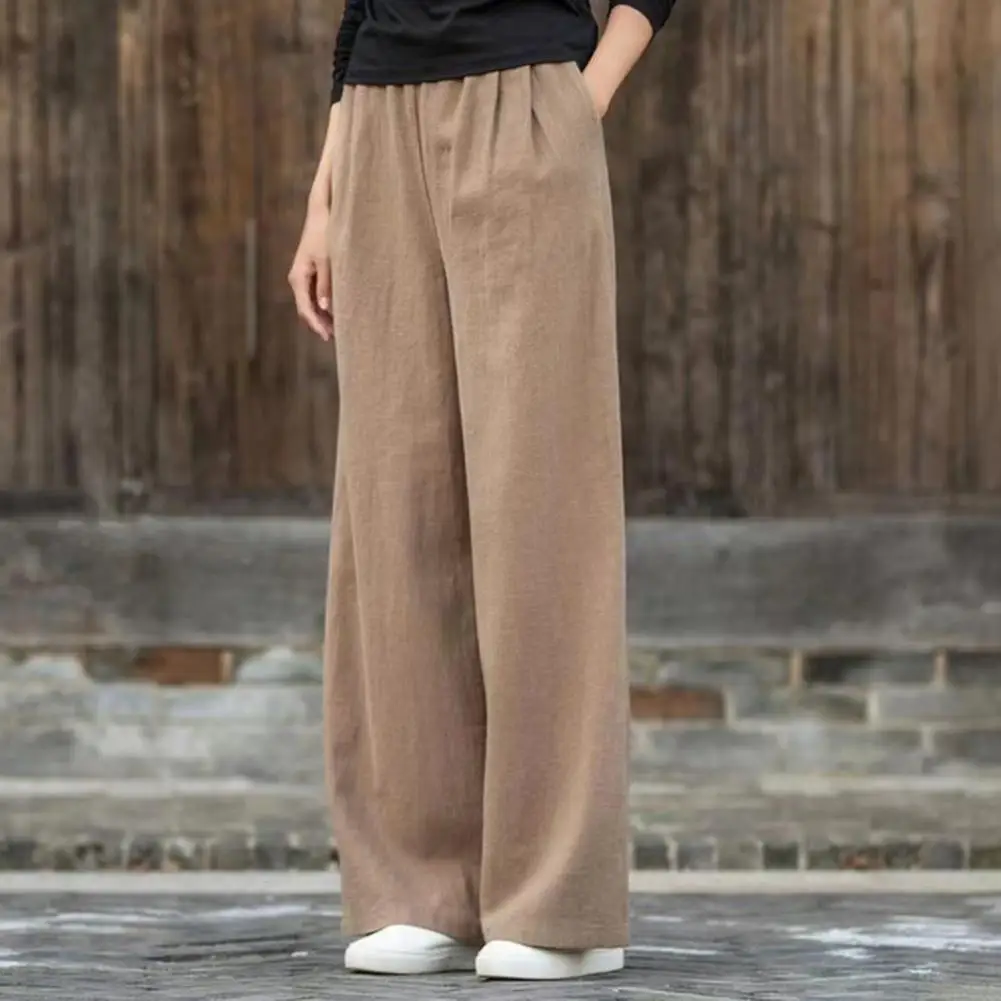 

2024 Women Casual Cotton Linen Straight Wide Leg Pants Loose Elastic Waist Spring Vintage Solid Pantalon Fashion Long Trousers